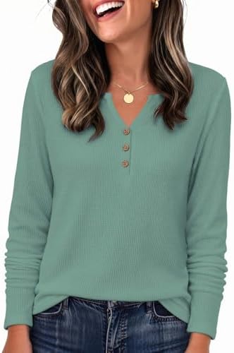 Dellytop Womens V Neck Shirts Long Sleeve Waffle Knit Loose
