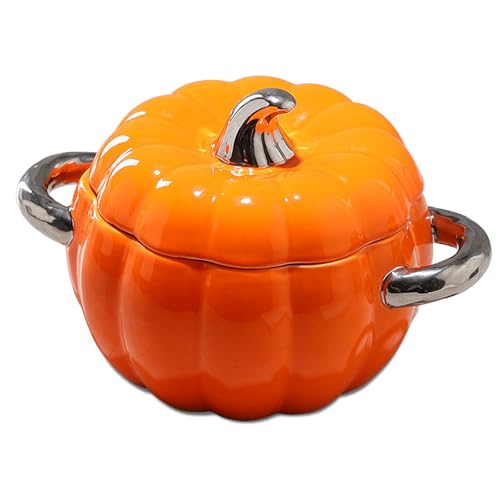 Ceramic Dutch Oven With Lid, 2.1QT Pumpkin Soup Bowl Casserole with Handle, Oven Safe Baking Dish Stew Pot up to 536°F, Pottery Container Candy Jar for Halloween Thanksgiving Fall Decor (Orange)