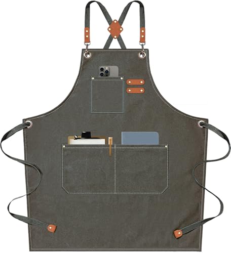 AFUN Chef Aprons for Men Women with Large Pockets, Cotton Canvas Cross Back Heavy Duty Adjustable Work Apron, Size M to XXL (Grey Green)