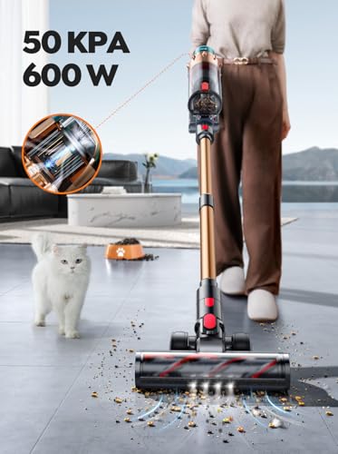 SMOTURE Cordless Vacuum Cleaner, 50KPA 600W 65Mins Powerful Cordless Vacuum Cleaner with Mattress Brush, 1M Hose, Auto Mode, Touch Screen, Scented Mop for Animal/Home/Car Hair