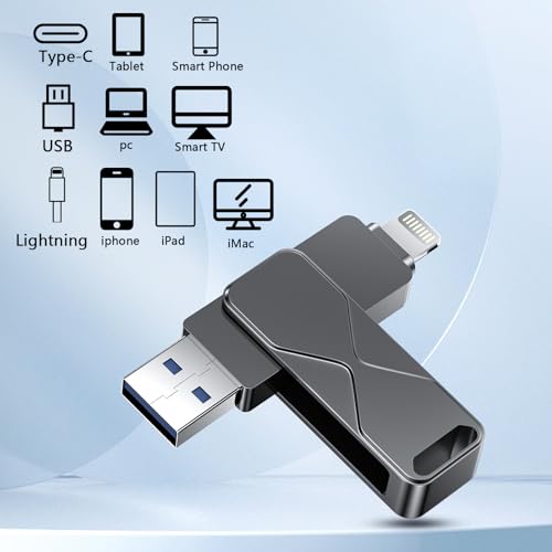 USB Flash Drive 256GB for iPhone iPad, MFi Certified Lightning 3-in-1 External Memory Stick, USB Flash Drive Compatible with iOS, MacBook, Android Smartphone, PC and Laptop