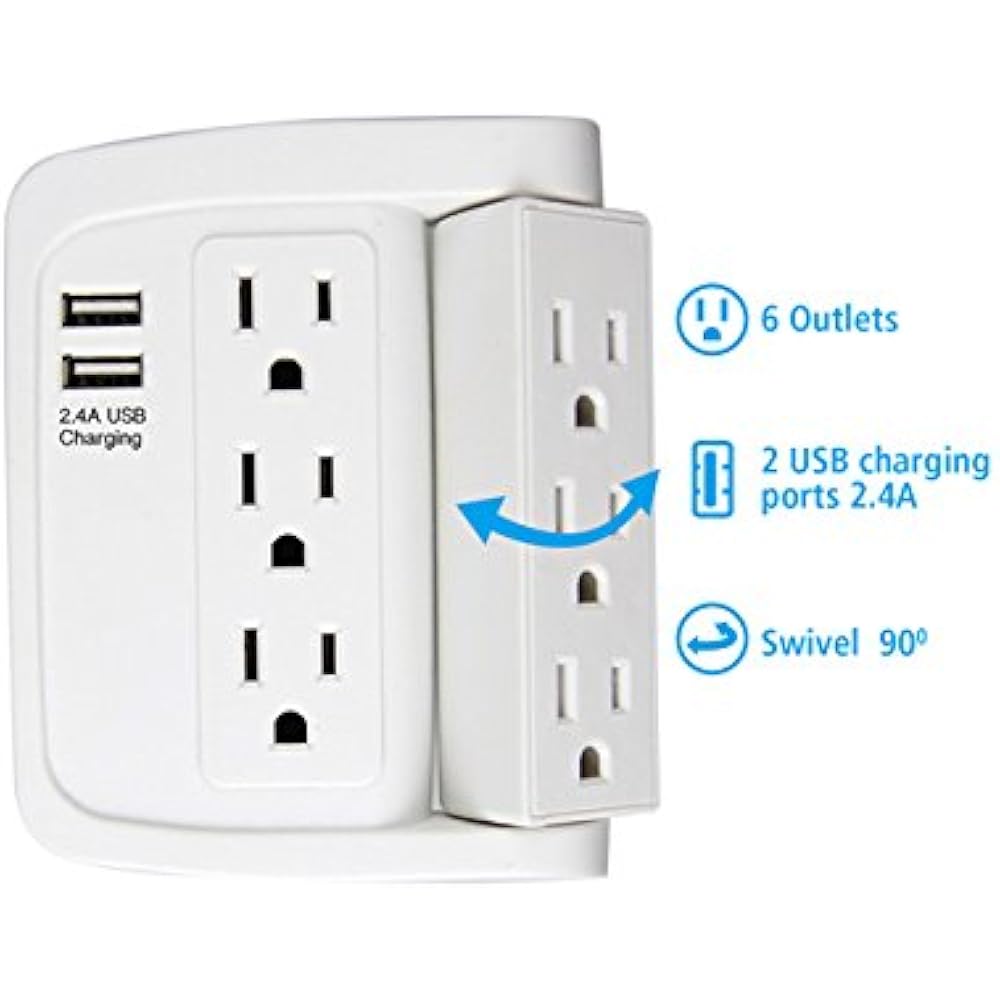 6 Outlet Power Strips Swivel Wall Adapter, With USB Ports, Tap White