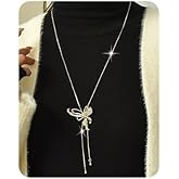 Wiwpar Crystal Rhinestone Butterfly Pendant Necklace Long Sweater Necklace Fashion Accessory for Women Party Prom Christmas Gifts (Gold)