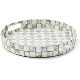 MACKENZIE-CHILDS Capiz Round Tray, Gray-and-White Sterling Check | Hand-applied design, made from capiz seashell, circular serving platter for food and drinks, 14" dia. x 2" H