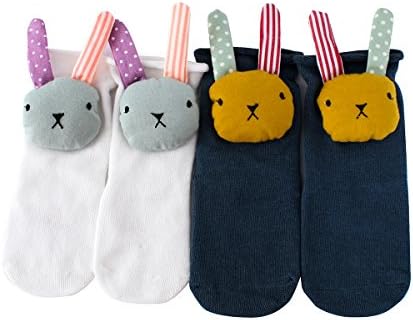 Beauttable 2 Pairs 0-2T &amp; 2-4T Cute Lovely 3D Cotton Baby Girl Boy Toddler Socks Non-Skid Anti Slip Stretch Knit Grips Shoe Ankle Infants Socks Slippers Walkers (Multicolor)\ (Rabbit, 0-2 Years)