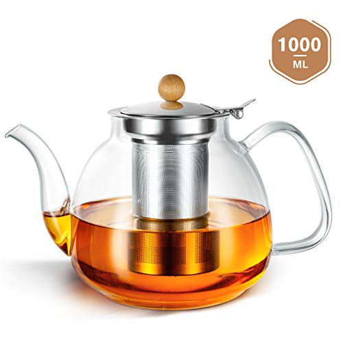 SULIVES Glass Teapot (1000ml) with Removable Stainless Steel Infuser & Lid,Glass Tea Kettle Stovetop Safe, Blooming & Loose Leaf Teapots