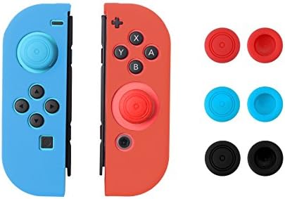 Getron 1 Pair Silicone Cases Gel Guards Protective Cover Skins &amp; 6 Thumb Stick Caps for Nintendo Switch Joy-Con Controllers [Protection Kits] (Blue+Red)