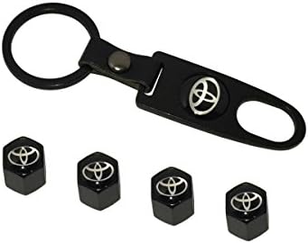 Tele Design Combo Set with Stainless Steel Black Tire Stem Valve Caps and Black Keychain For Toyota Car Enthusiast