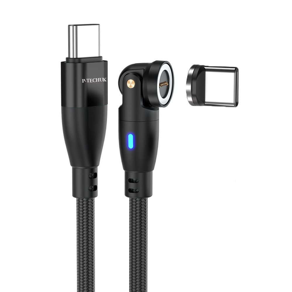 P-TECHUK Rotating 60W Super Fast USB C to USB C Magnetic Charging Data Cable, 6 in 1 PD Fast Charging Cable compatible with all Type C Devices. A18 Black (1M Cable + 1 x Type C tip)