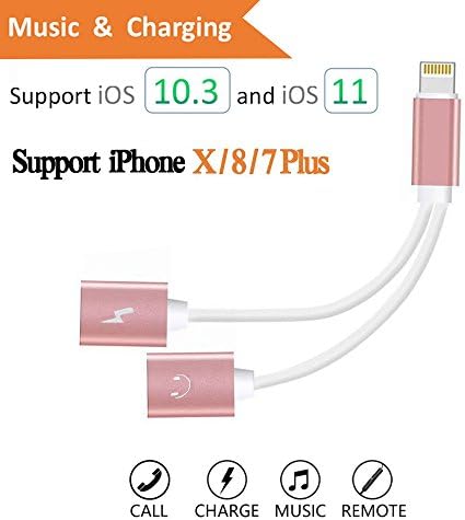 Dual Lightning Charge &amp; Audio Cable, Lightning to Double Lightning 2 Lightning Port For iPhone 7/ iPhone 7 Plus/ iPad, Support Music Control, Charger and Phone Communication (Rose Gold)
