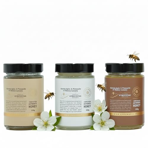 Aurum Apis Premium Honey Gift Box, Pure Kyrgyzstani Hand-Harvested | Unpasteurized | 100% Raw & Unfiltered White, Barberry & Mountain Honey | Natural Farm Fresh Wellness Support - 330g (Pack of 3)
