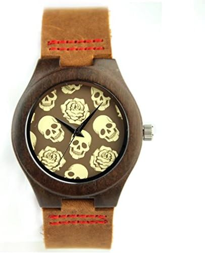 Wood Watch, FENDINA Natural Wooden Bamboo Watches for Couples with Leather Band Handmade Vintage Skull Seriers (Skull&amp;Rose Dial)