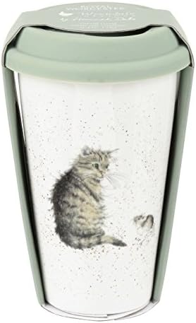 CAT MOUSE BROWN BEIGE BLACK WHITE GREEN CERAMIC TRAVEL MUG WITH SILICONE LID H15.5CM X W9.5CM