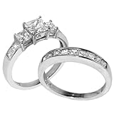 Lanyjewelry Three Stone 6mm Princess CZ Stainless Steel Wedding Ring Set- Size 7