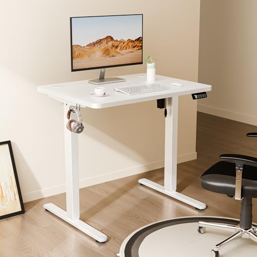 ERGOMAKER Electric Height Adjustable Standing Desk 80x60cm, Sit Stand Desk with Splicing Top for Home Office (White Frame + White Desktop) | Electric Adjustable Standing Desk, Sit to Stand Computer Office Desk with Splice Board, Memory Preset, Lifts 28.7''-46.5"
