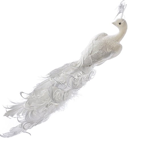Factory Direct CraftPack of 2 Sparkling Iridescent White Artificial Curly Tailed Peacock Birds - Peacocks for Wedding Decorations, Christmas Tree Ornaments and More (11" L)