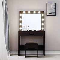 Vanity Set with Lighted Mirror, Makeup Vanity Dressing Table Dresser Desk with Mirror, 1 Sliding Drawers, 1 Cushioned Stool for Bedroom (12 Cool LED Bulbs) - Ship from The U.S.