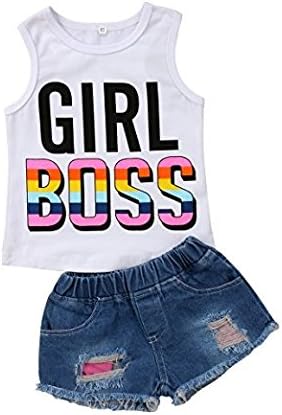 AILOM Fashion Toddler Kids Baby Girl Girl Boss Letter Print Sleeveless Vest T-Shirt Tops+Denim Shorts Outfits Set (White&amp;Denim, 6-12 M)