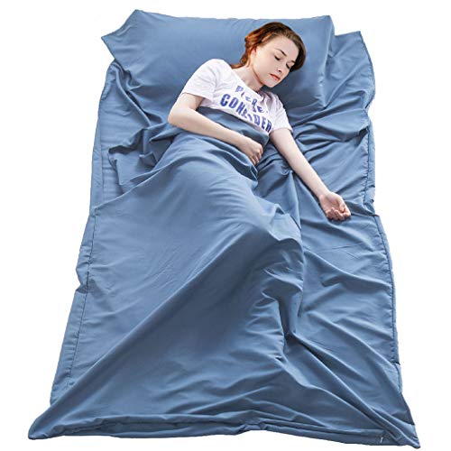 VeMee Sleeping Bag Liner Travel Camping Sheet Lightweight Breathable Cotton Sleeping Sack Ultralight Compact Sleep Sheet Carry Bag for Picnic,Hiking (Light Blue, 82.7inch X 45inch)