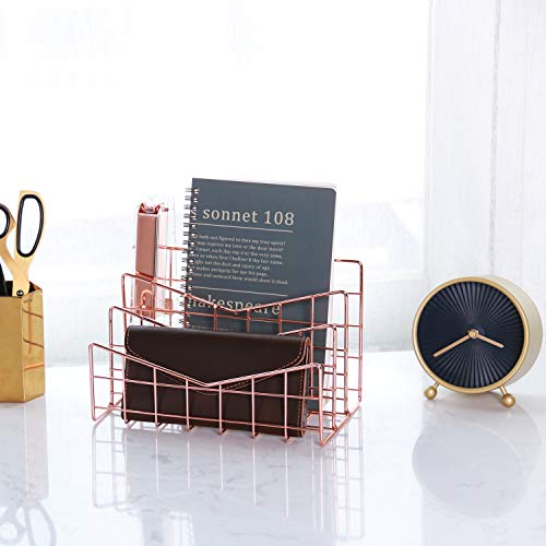 Simmer Stone 3 Slot Letter Holder, Multifunctional Desk Wire Letter Sorter, Decorative File Storage Organizer for Postcard, Mail, Brochure and Notebook, Copper