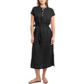Amazhiyu Women's 100% Linen Summer Button Slits Midi Dresses Banded Collar