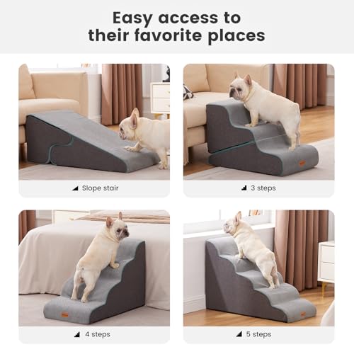 Gardner Pet 2-in-1 Dog Steps for Bed, Adjustable 3-Steps High Density Foam Dog Ramp for Sofa, Water Resistant Pet Stairs with Non Slip Bottom, Suitable for Puppy, Small Animals, Grey