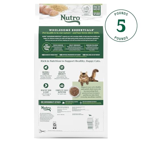 NUTRO WHOLESOME ESSENTIALS HAIRBALL CONTROL CAT FOOD DRY CHICKEN & BROWN RICE RECIPE, DRY CAT FOOD FOR ADULTS, 5 LB. BAG