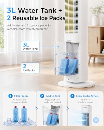 LEENON Silent Column Fan, 3L Capacity Oscillating Fan with Remote Control and 3 Speeds, 3 Modes and 12H Timer Column Fan for Home and Office – White