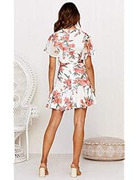 Casuress - Vestido de verano para mujer con estampado floral, manga corta, cuello en V, volantes, con cinturón