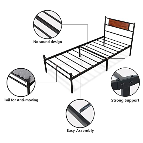 PAUKIN Twin Metal Bed Frames Single Platform with Headboard, No Box