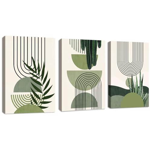 3 Pieces Modern Paintings Sage Green Boho Print on Canvas with Frame Abstract Aesthetic Green Plant Canvas Painting Wall Poster Wall Decor Living Room Bedroom 30 x 40 x 3