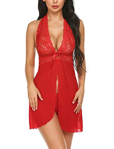 ADOME Christmas Lingerie for Women Babydoll Sleepwear Open Front Lace See-Through Lingerie Set Mini Night Dress