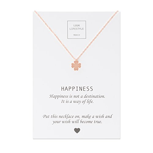 LUUK LIFESTYLE Stainless steel necklaces for women with pendant and Happiness card, lucky charm, friendship gift, women's jewellery, trendy gift idea for her, silver, gold and rose