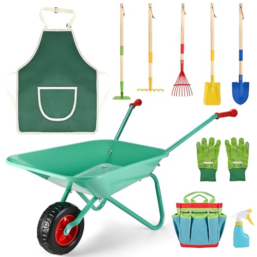 GOLDGE Children's Wheelbarrow, 10 Piece Children's Garden Tools Set with 5 Pieces Garden Tool Shovel Set, Tool Bag, Watering Can, Apron, Gloves, Perfect Garden Tools Wheelbarrow Toy for Outdoor Use