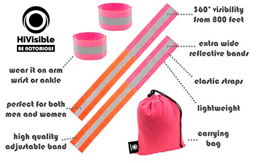 Reflective Bands for Wrist, Arm, Ankle, Leg. High Visibility Reflective Running Gear for Men and Women for Night Running Cycling Walking Bicycle. Safety Reflector Tape Straps. (Pink - 4 Bands)
