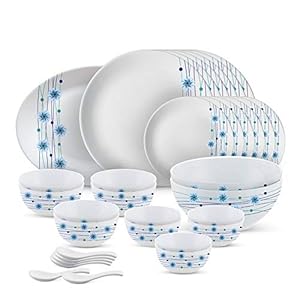 Larah by Borosil – Moon Series, Bluebell 33 Pieces Opalware Dinner Set, White