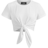 CIDER Round Neck Knotted Crop Top Y2K for Women Knot Front Casual Short Sleeve
