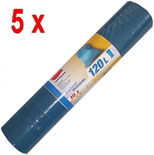 5 x Pack of 10 Extra Strong Bin Bags 120 Litre, 70 x 100 cm with Ties on a Roll – Blue