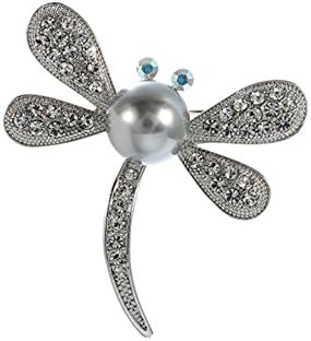 Women Brooch Pins, Sliver Tone Crystal Rhinestone Dragonfly Pearl for Gifts