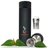 Vibrant All in ONE Travel Mug - Tea Infuser Bottle with 2 Piece Steeper Strainer MESH Filter - Insulated HOT Coffee Thermos - Cold Fruit Infused Water Leak Proof Double Wall Stainless Steel 16.9 oz