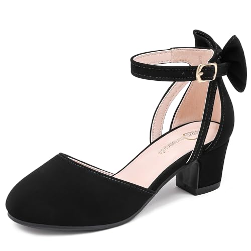 Parrosoo Girls Heels Dress Shoes Flower Girl Pumps with Cute Bow Closed Toe High Heels Adjustable Buckles Wedding Party
