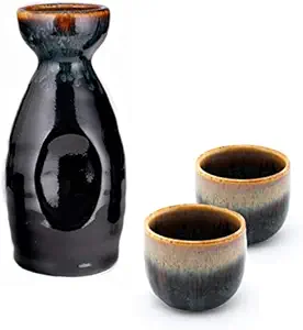Hinomaru Collection Ichigo Sake Set Tokkuri 5 fl oz Bottle with Two Sake Ochoko Cups 2 fl oz Reactive Glaze Ceramic (Brown)