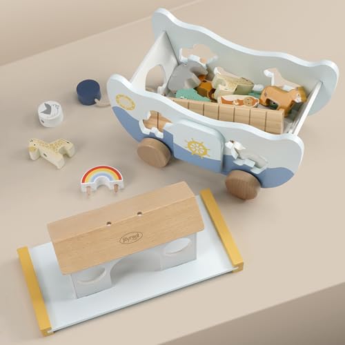 Joyreal Noah's Ark Wooden – Christening Gifts for Girls Boys Children, Gift Christening, Montessori Toy from 1 2 3 Years, Wooden Toy with Farm Toy Sorting Stack
