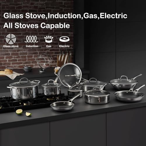 SNOWCLAD Wok 30 cm & Frying Pan 24+28 cm, Hybrid Wok Non Stick and Frying Pan Set, Stainless Steel Non-Stick Pan with Lid, Suitable for All Hob Types, PFOA Free