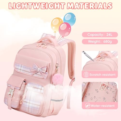 Tanou Girls Primary School Bag, Waterproof Daypack School Backpack for Teens, Kawaii Checked School Bag for Girls 9-16 Years Old for Travel