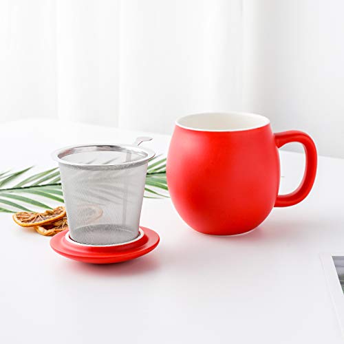 Yundu 12oz Matte Red Ceramic Tea Mug with Infuser and Lid, Steeping Lid Cup Stainless Steel Infuser for Loose Leaf Tea, Home Office Gift for Lovers