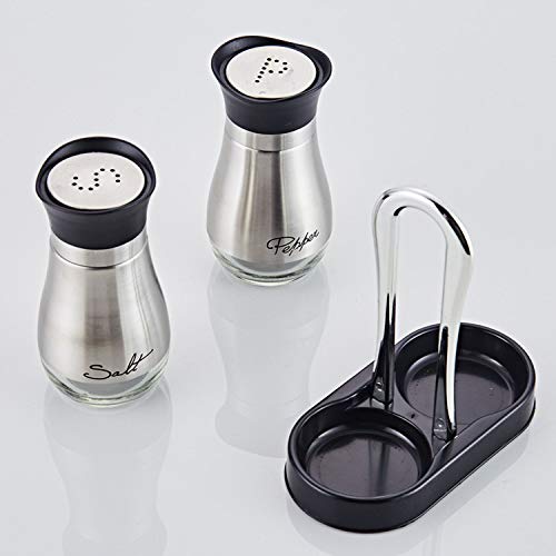 Salt and Pepper shakers Set with Tray, Stainless Steel with Glass Bottle (Set of 2)