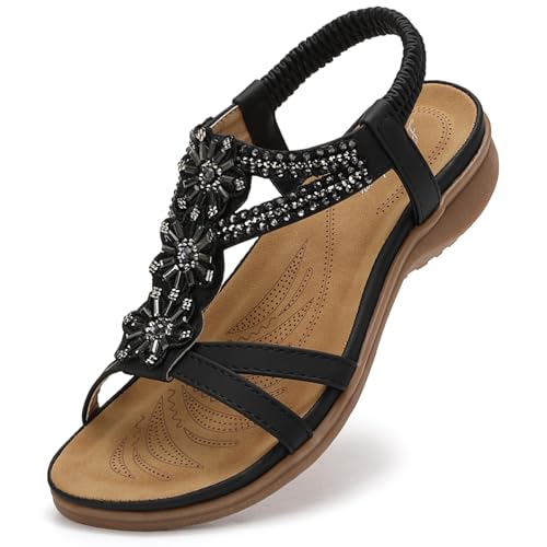 Littleplum Women's Flowers Arch Support Sandals Summer Fashion Non-Slip Beach Comfort Walking Bohemian Flat Sandals