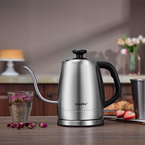 COMFEE' MK-12S07A Gooseneck Electric Kettle Stainless Steel Drip for Pour Over Coffee and Tea, Feature and Thermometer Gauge on Top, 1.2 L, 1500W Fast Boiling. BPA Free