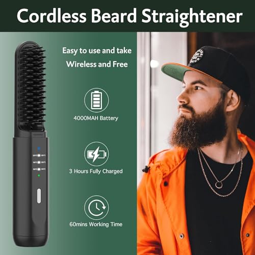 Beard Straightener Brush, REHOYO Cordless Straightening Comb with Different 3 Temperature, Rechargeable Anti-Scald and Auto-Off of Portable Salon for All Type